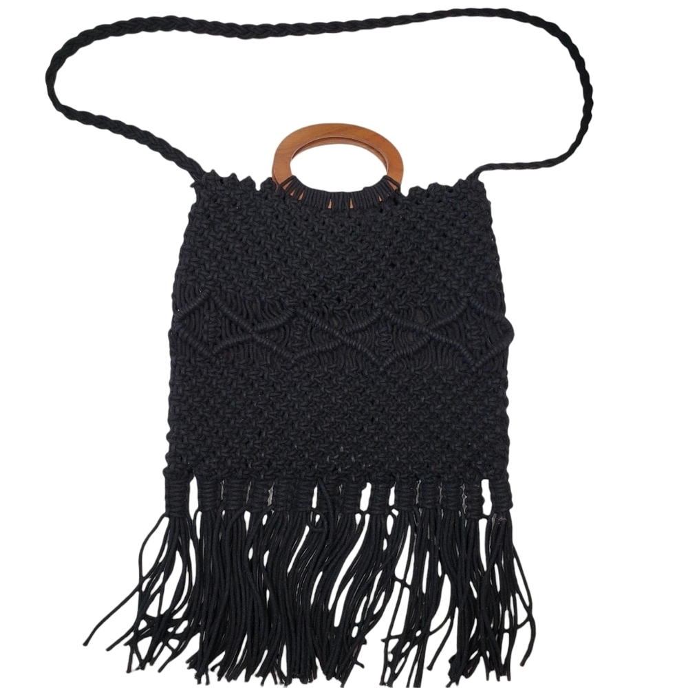 Danielle Nicole | Black Macrame Fabric Fringe Cro… - image 4